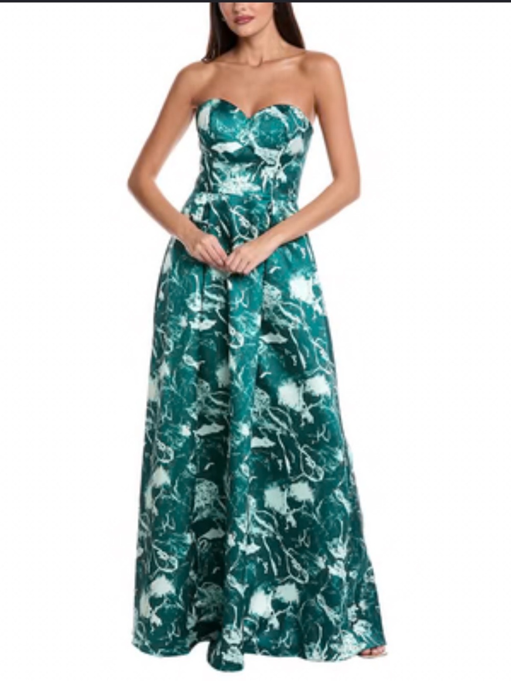 Rene Ruiz Teal Green Marble Strapless Maxi Gown